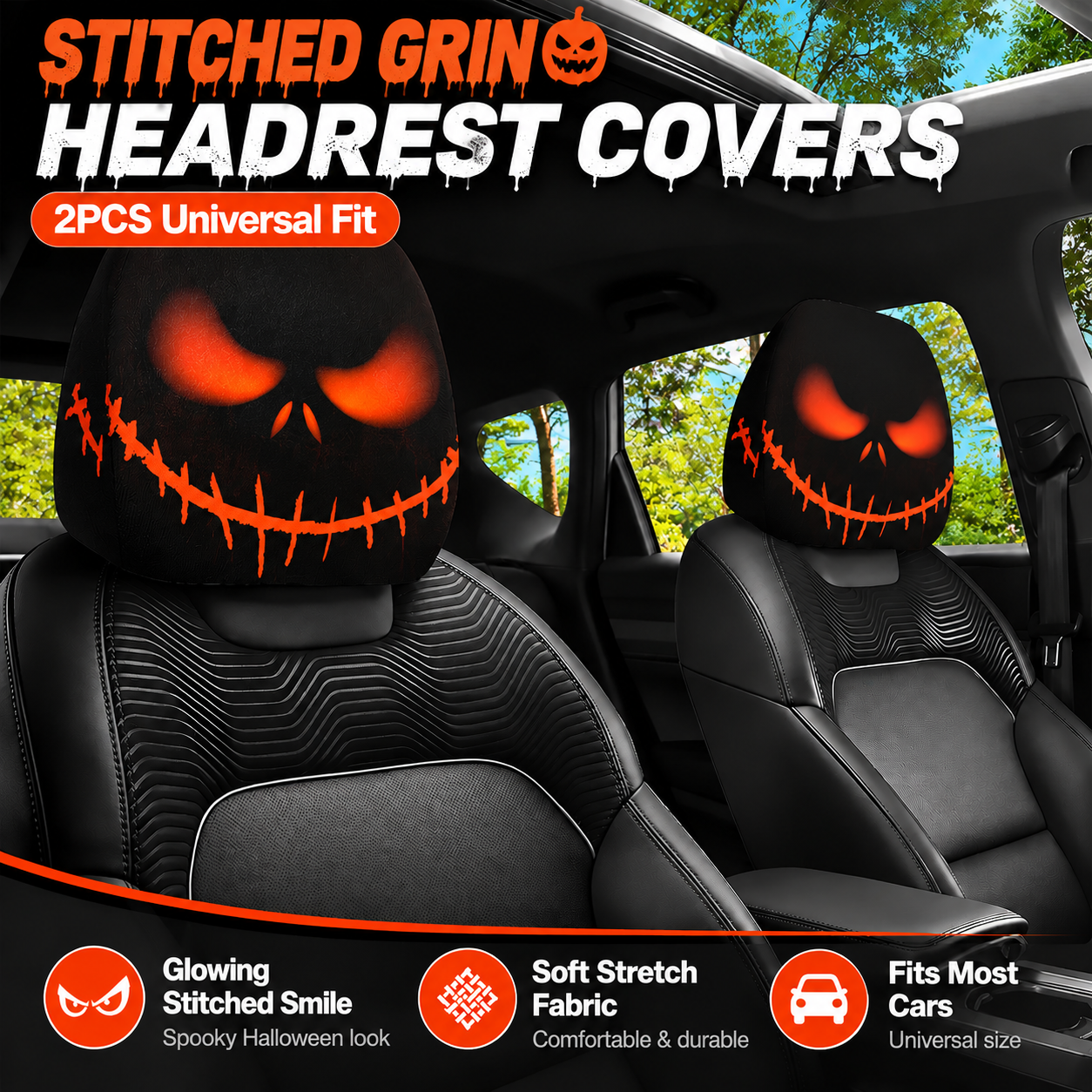 STITCHED GRIN funny cartoon car headrest cover style