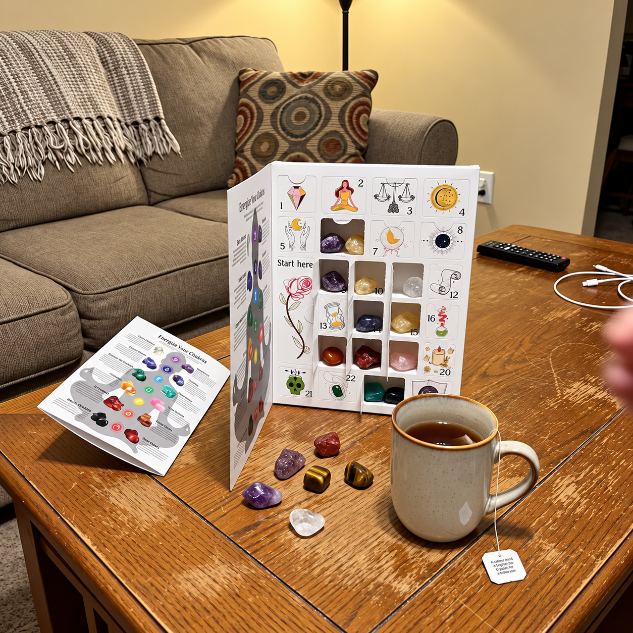 Daily crystal Advent calendar ritual beside a warm cup of tea