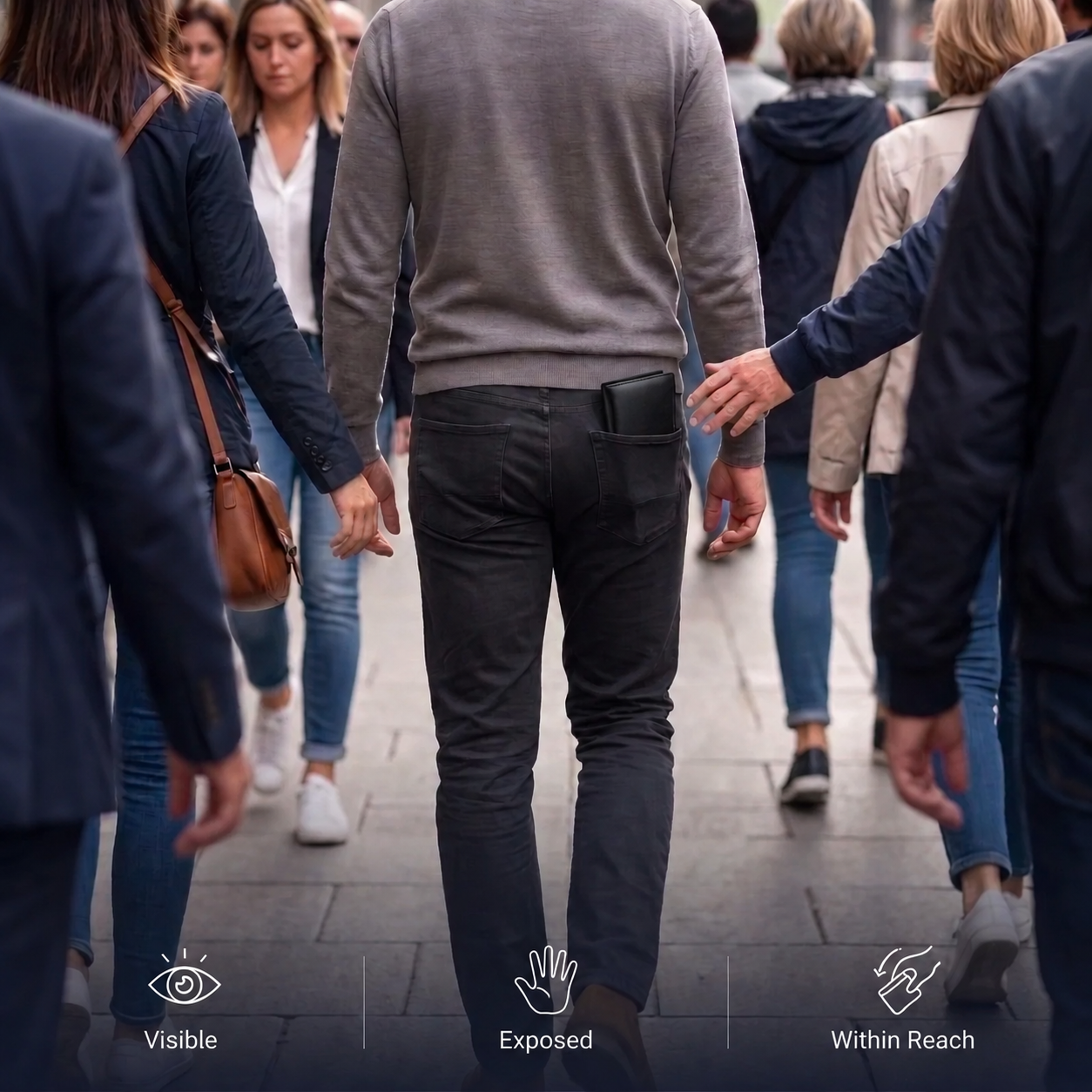 A visible back-pocket wallet exposed to pickpockets in a crowded street