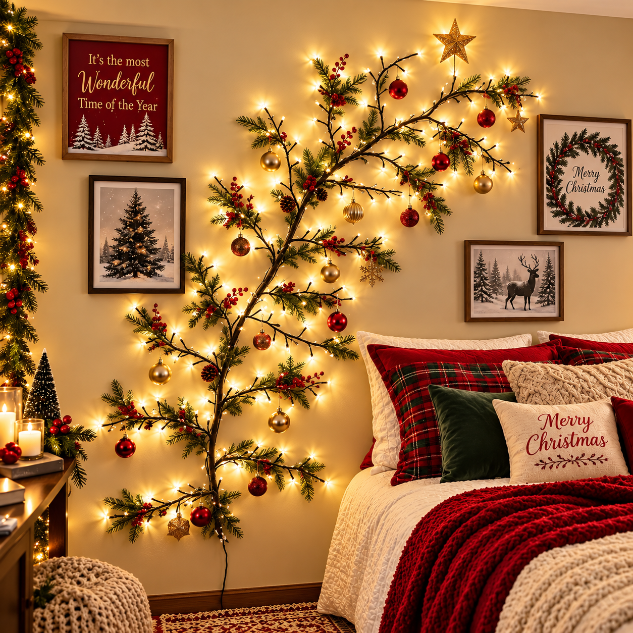 Warm-white willow vine lights styled with Christmas decorations on a bedroom wall