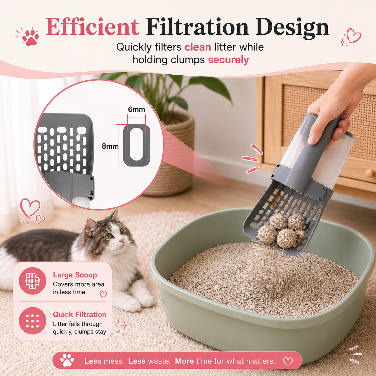 Efficient 6 mm by 8 mm filtration slots on the cat litter scoop