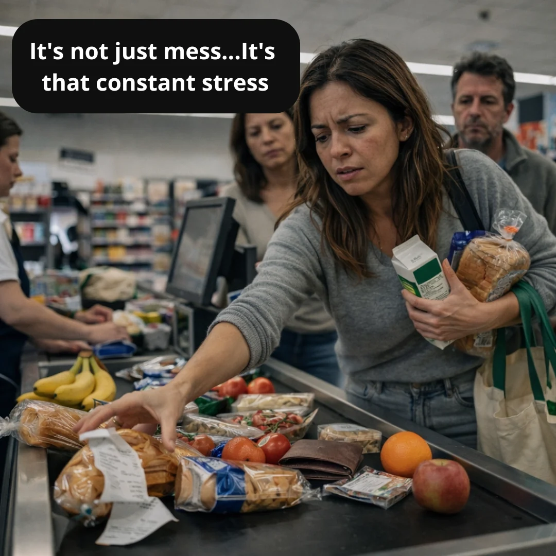 Busy grocery checkout illustrating the stress of juggling shopping items
