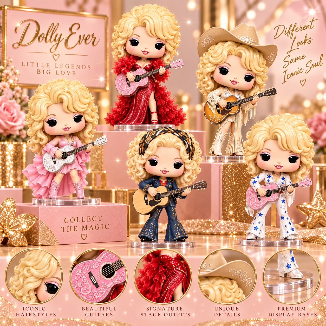 Close-up details of Country Queen figures guitars outfits and display bases