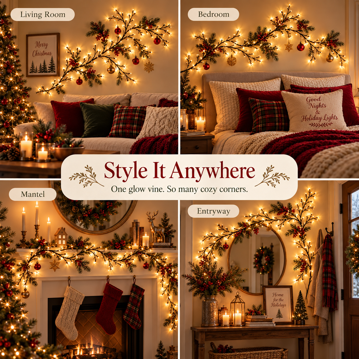 Willow vine lights styled in a living room bedroom mantel and entryway