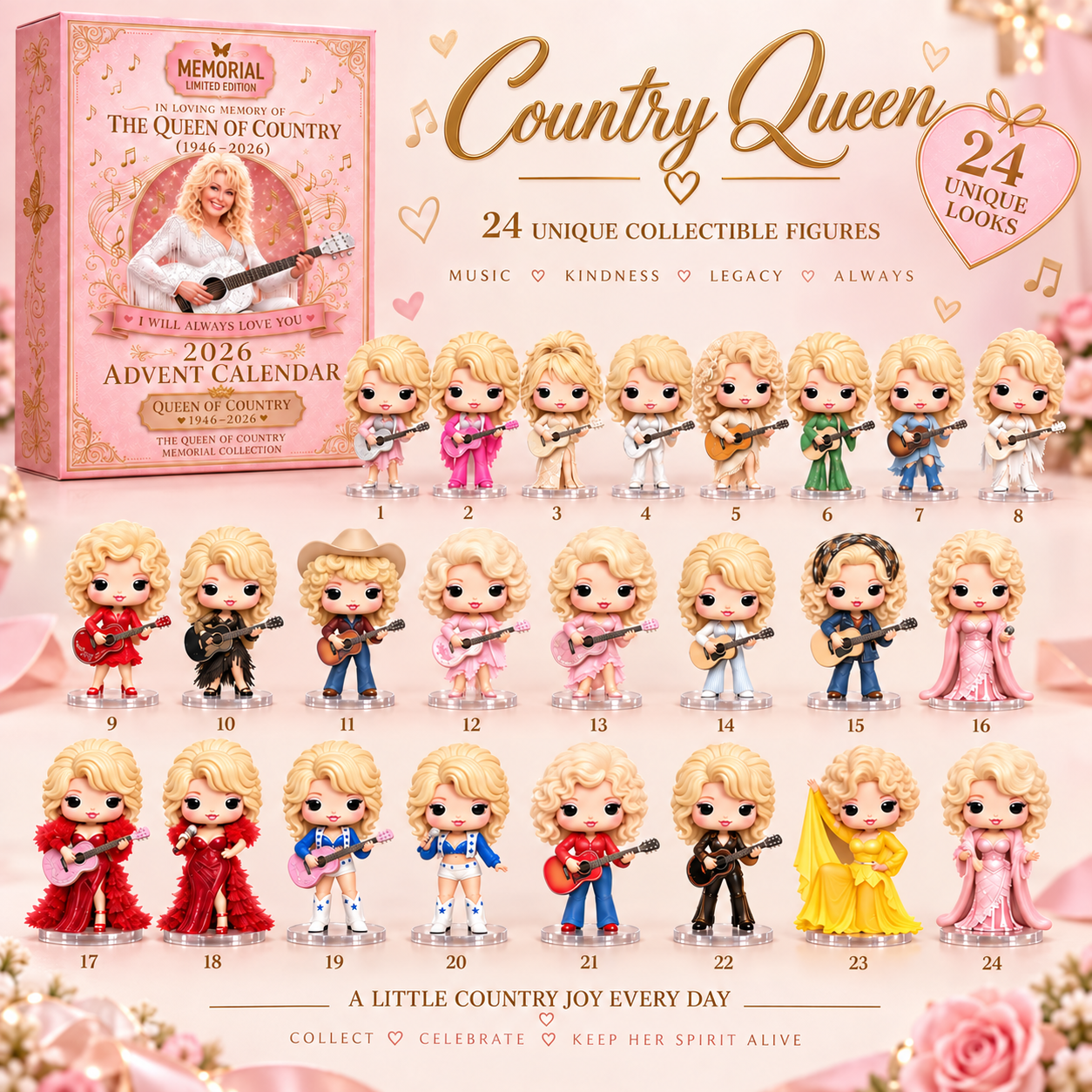 Numbered guide showing all 24 unique Country Queen collectible looks