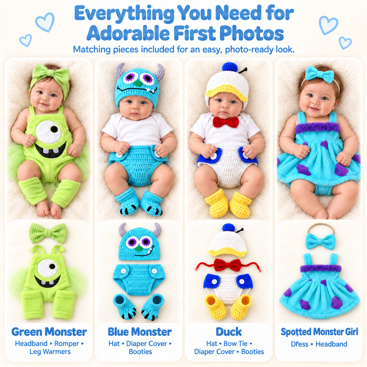 Four baby outfit styles with matching pieces included
