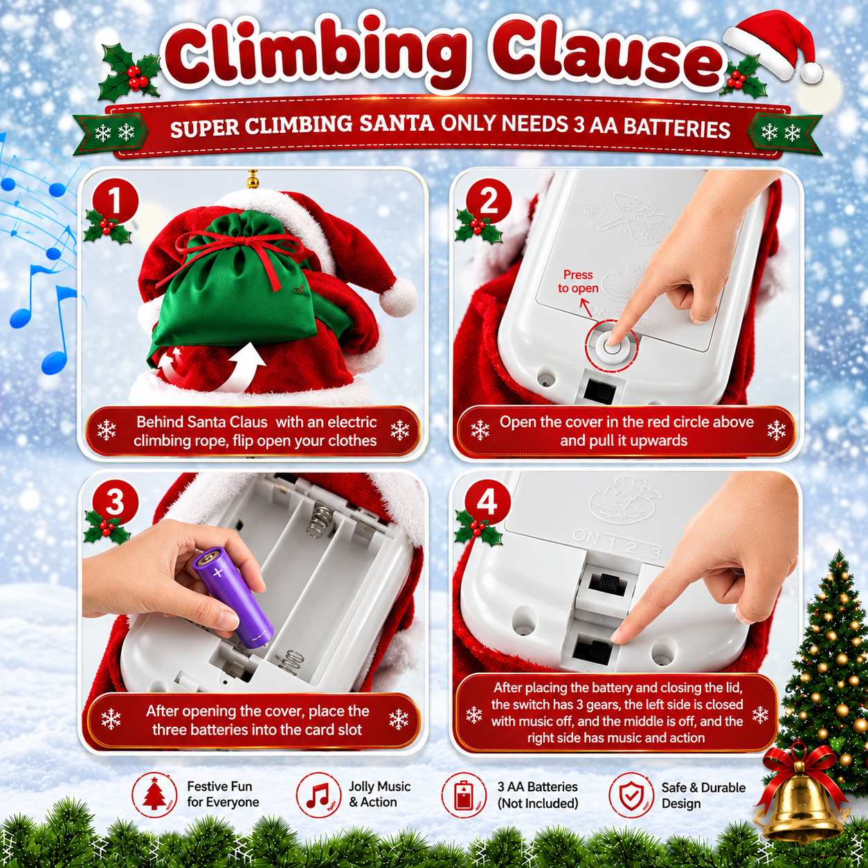 Four-step guide for installing three AA batteries and selecting Climbing Santa modes