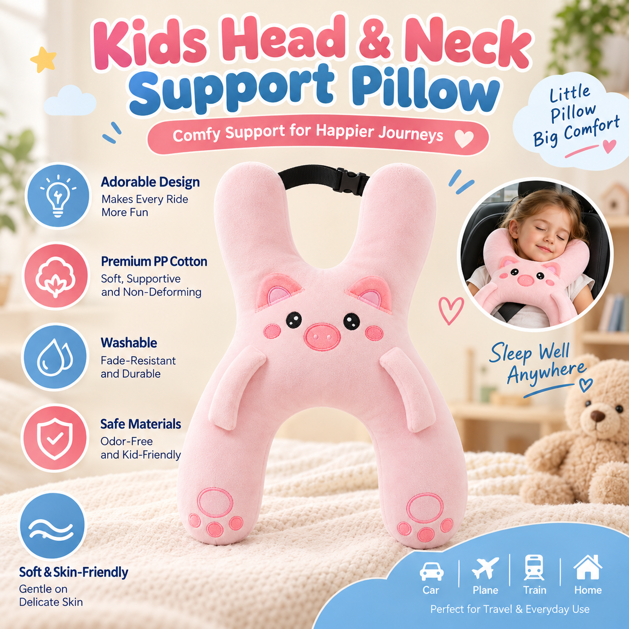 Pink Pig pillow showing plush fabric, PP cotton filling and washable design