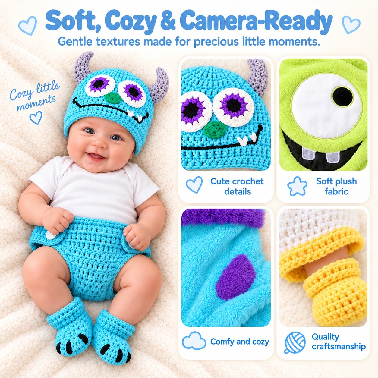 Close-up of crochet and plush details in the baby outfit sets