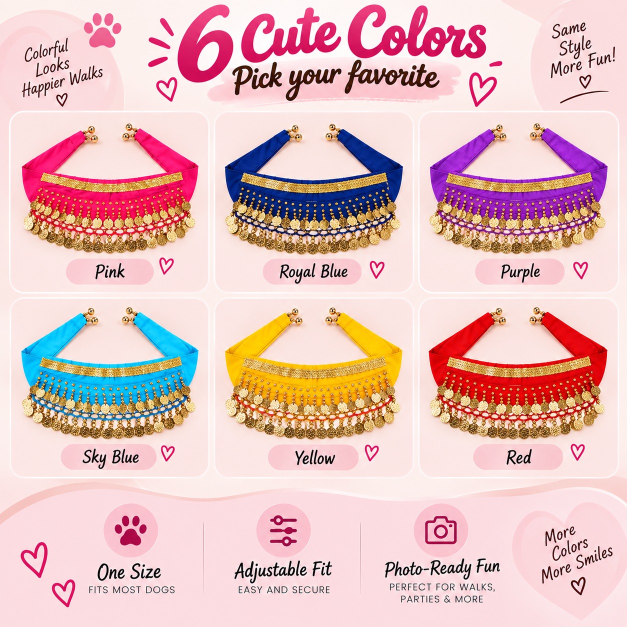 Six available dog belly dance skirt colors: Pink, Royal Blue, Purple, Sky Blue, Yellow, and Red
