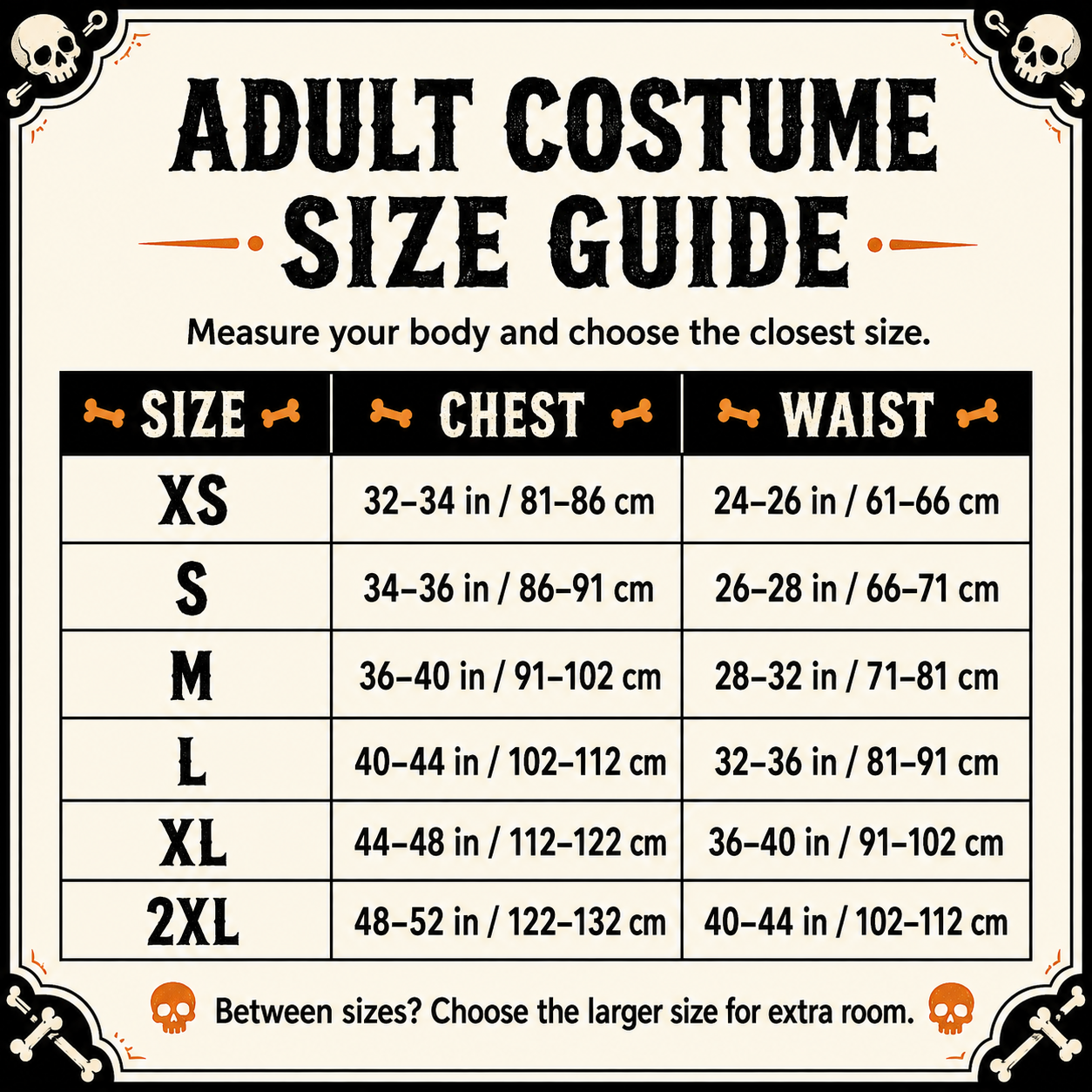 Adult full-body skeleton costume size guide XS to 2XL