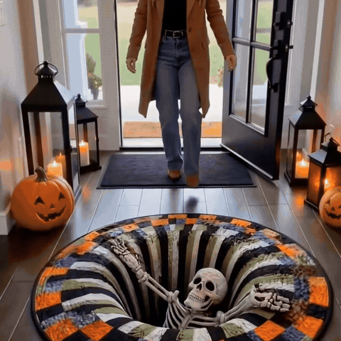 Guests reacting to a flat printed Halloween 3D illusion rug