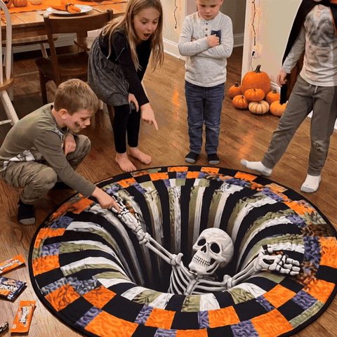 Party guests viewing a flat printed 3D Halloween rug