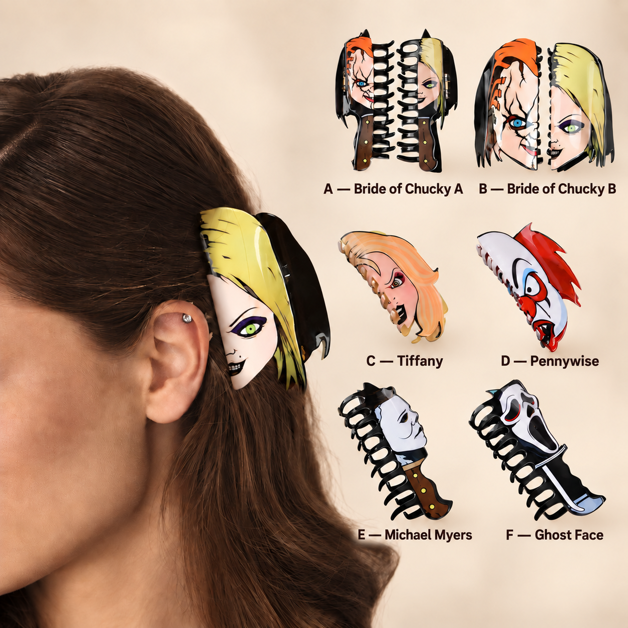 Horror claw clips style guide A through F