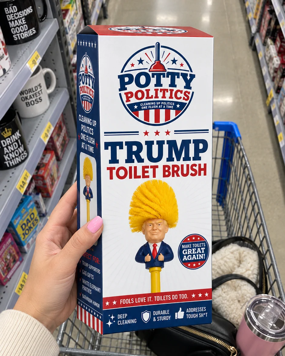 Customer holding the boxed Trump-inspired toilet brush set