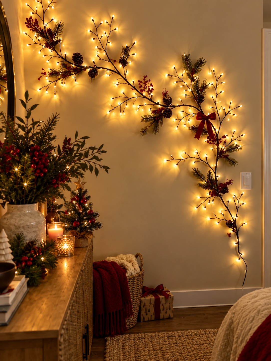 Warm willow vine lights styled in a festive home corner