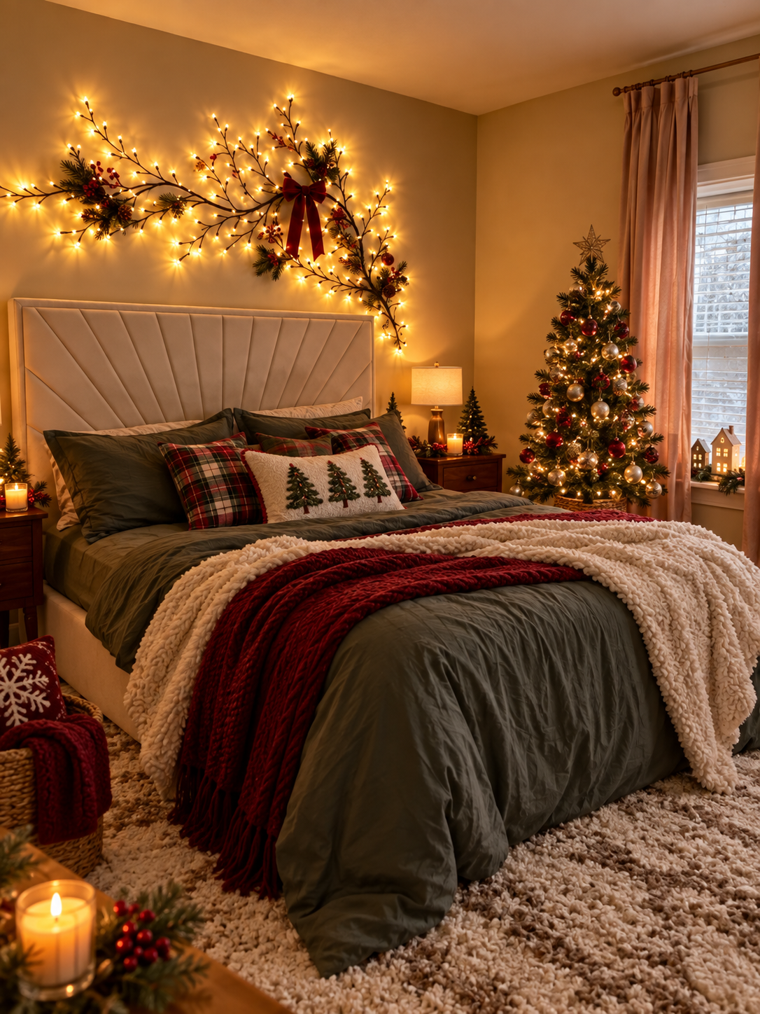 Warm willow vine lights arranged above a Christmas bedroom