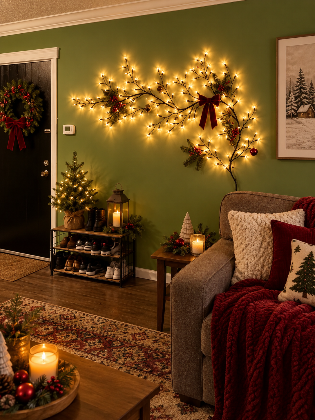 Willow vine lights styled on a green living room wall