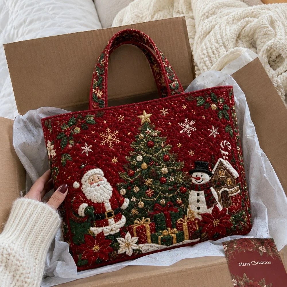 Customer unboxing the red Santa snowman and Christmas tree tote