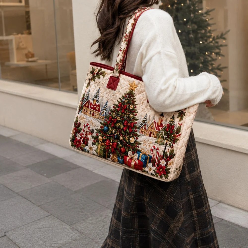 Customer carrying the Christmas village tote outdoors