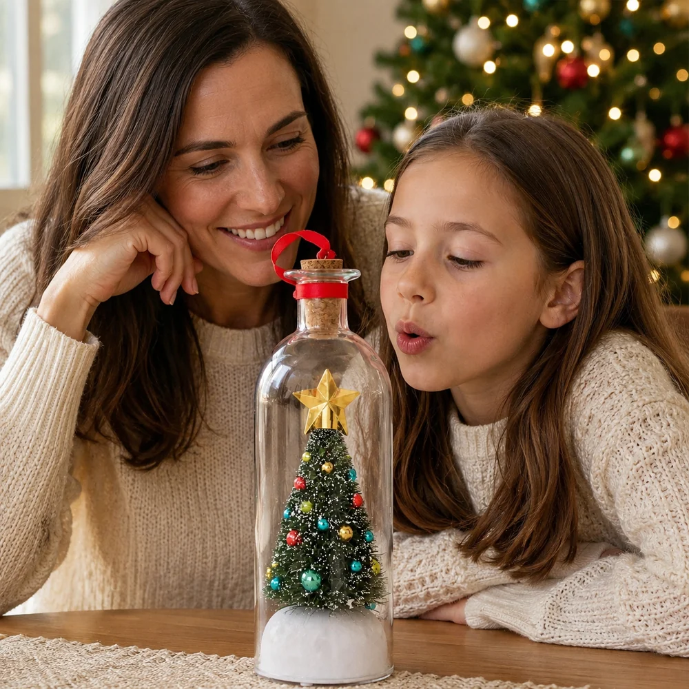 Mother and daughter sharing a recordable Christmas message bottle