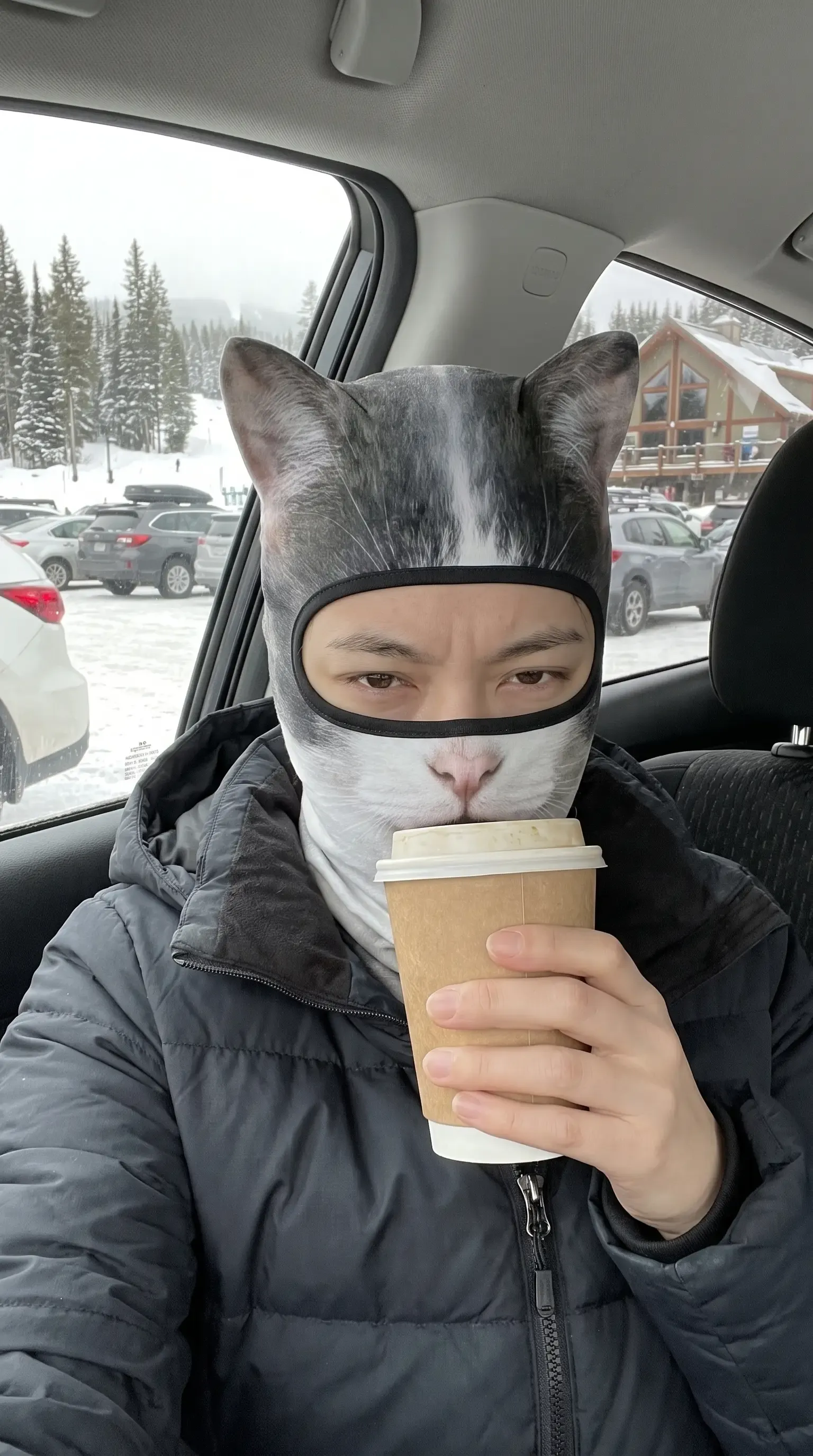 Customer group wearing funny animal ski masks