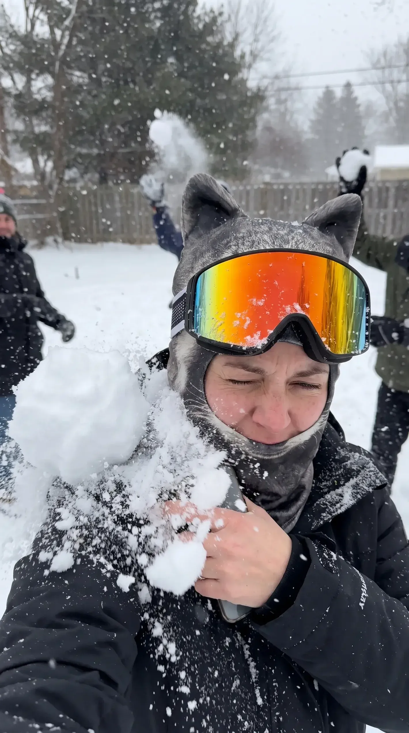 Customer wearing an animal face ski mask