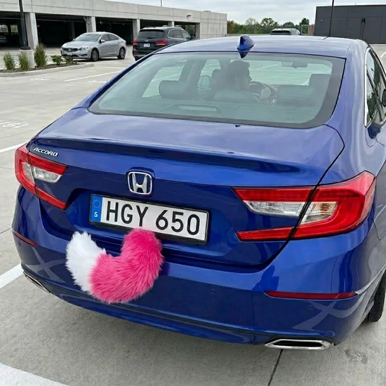 Customer blue car featuring a pink wagging tail
