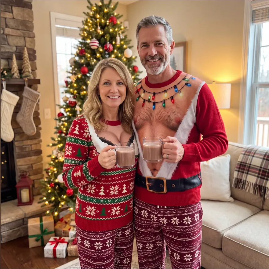 Women and men wearing body-illusion Christmas sweaters