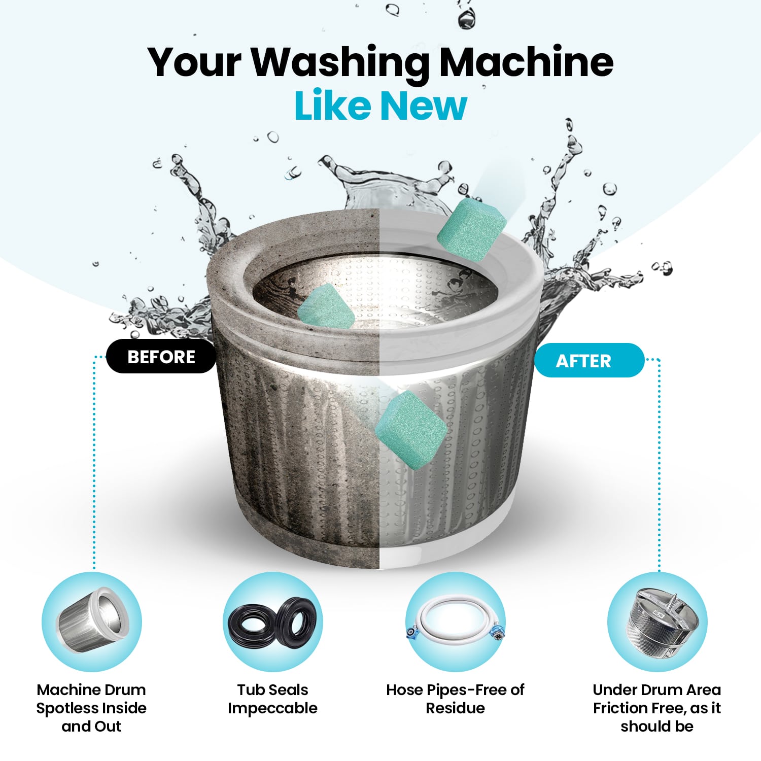 Deep cleaning reaches hidden washer residue areas