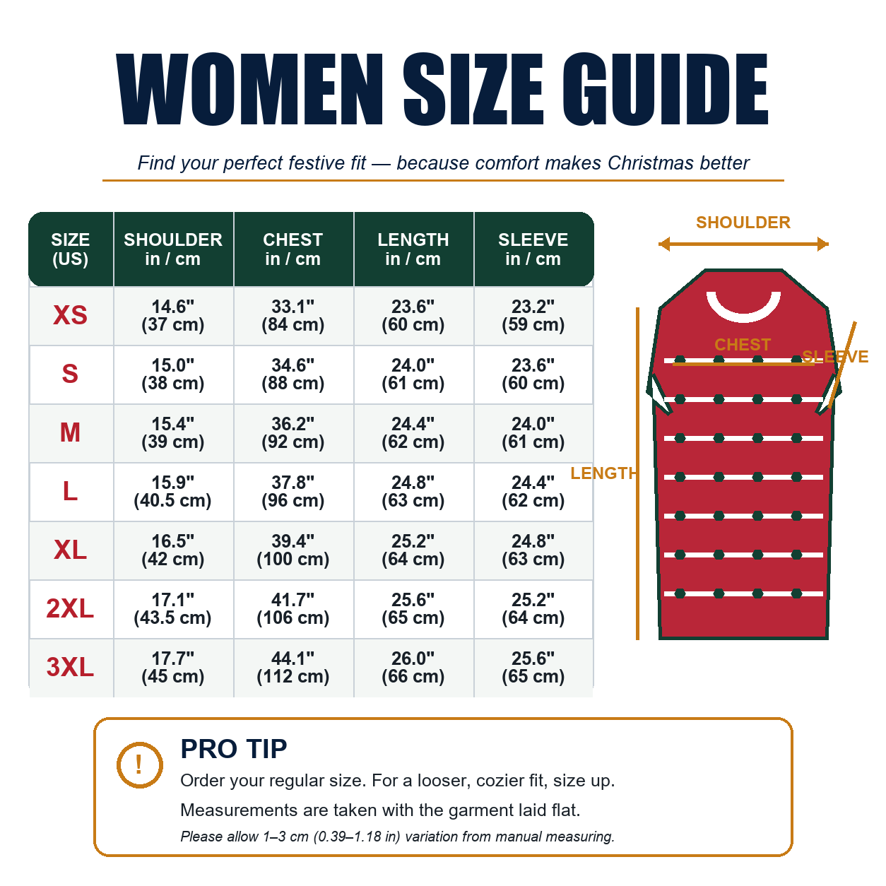 Women body-illusion Christmas sweater size guide