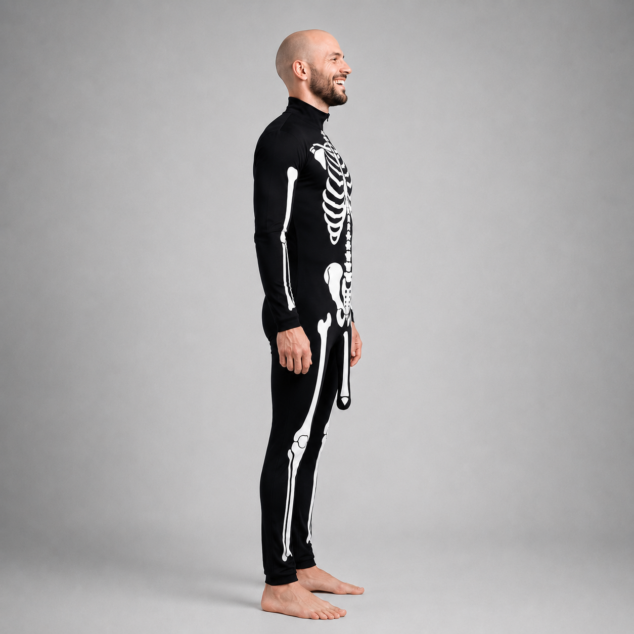Full-body skeleton party costume side view