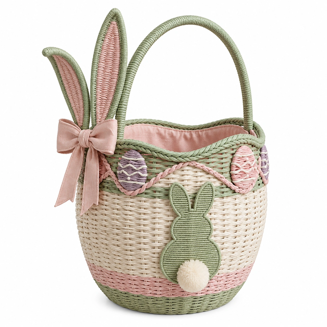 Cesta de Pascua con Orejas de Conejo y Decoración Festiva, Beige/Rosa/Verde-furnilumea