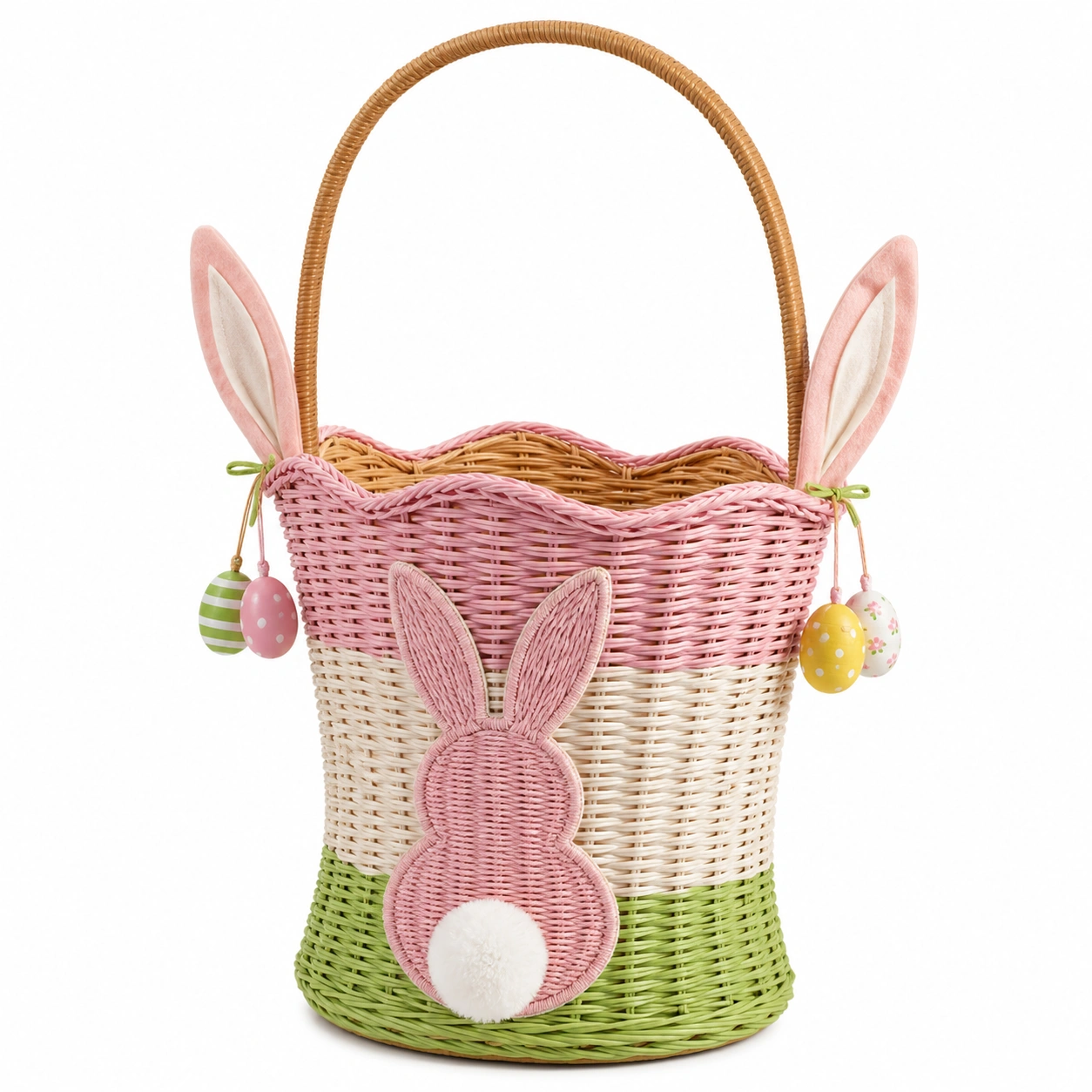 Cesta de Pascua con Conejo y Orejas Decorativas en Rosa, Verde y Blanco-furnilumea