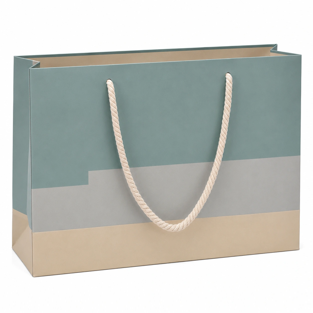 Bolsa de regalo de papel con asas de cuerda verde, gris y beige-furnilumea