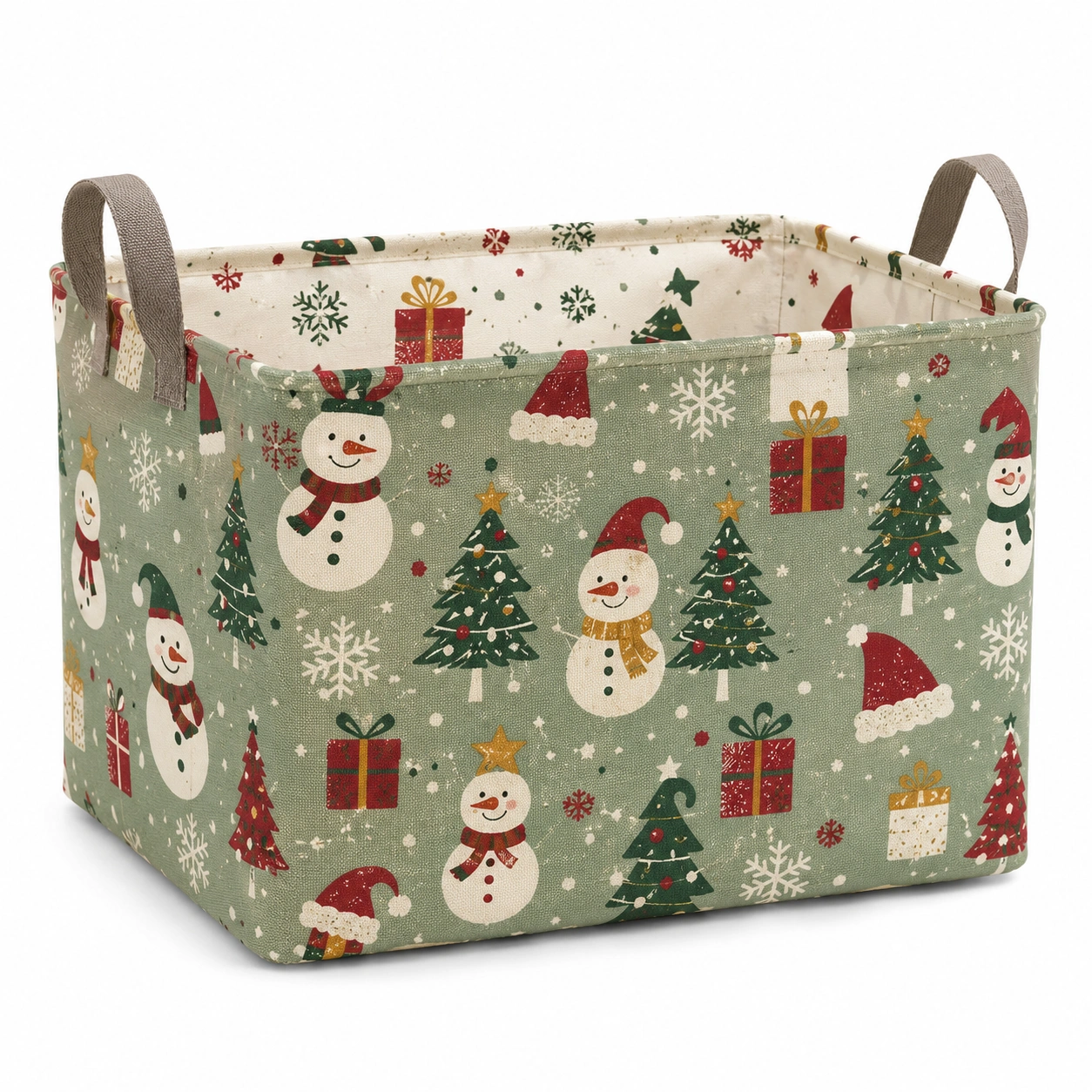 Cesta de Almacenamiento Navideña Verde con Muñecos de Nieve y Árboles 32x32x32 cm-furnilumea