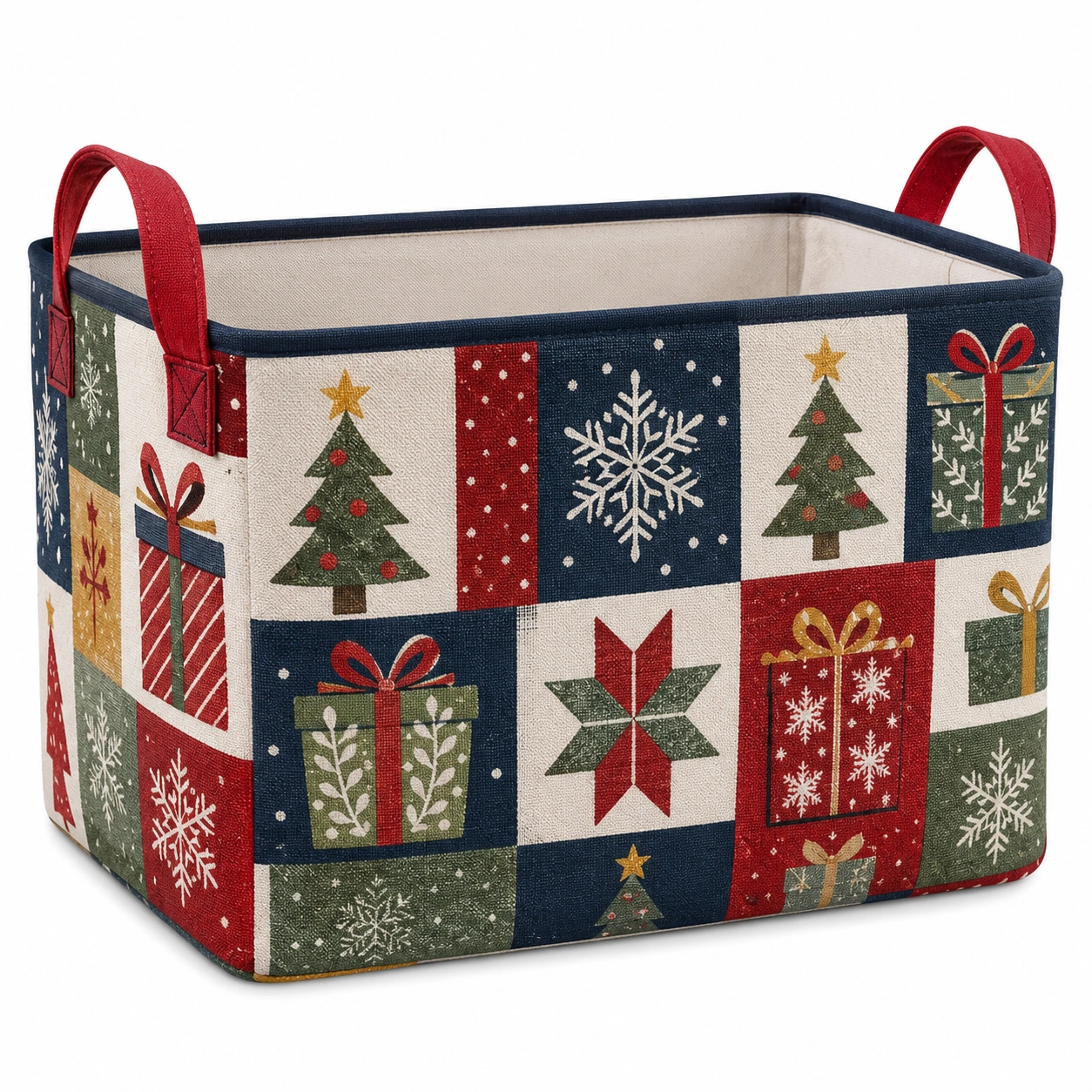 Cesta de Almacenamiento Navideña con Asas, Diseño de Árboles de Navidad y Regalos-furnilumea