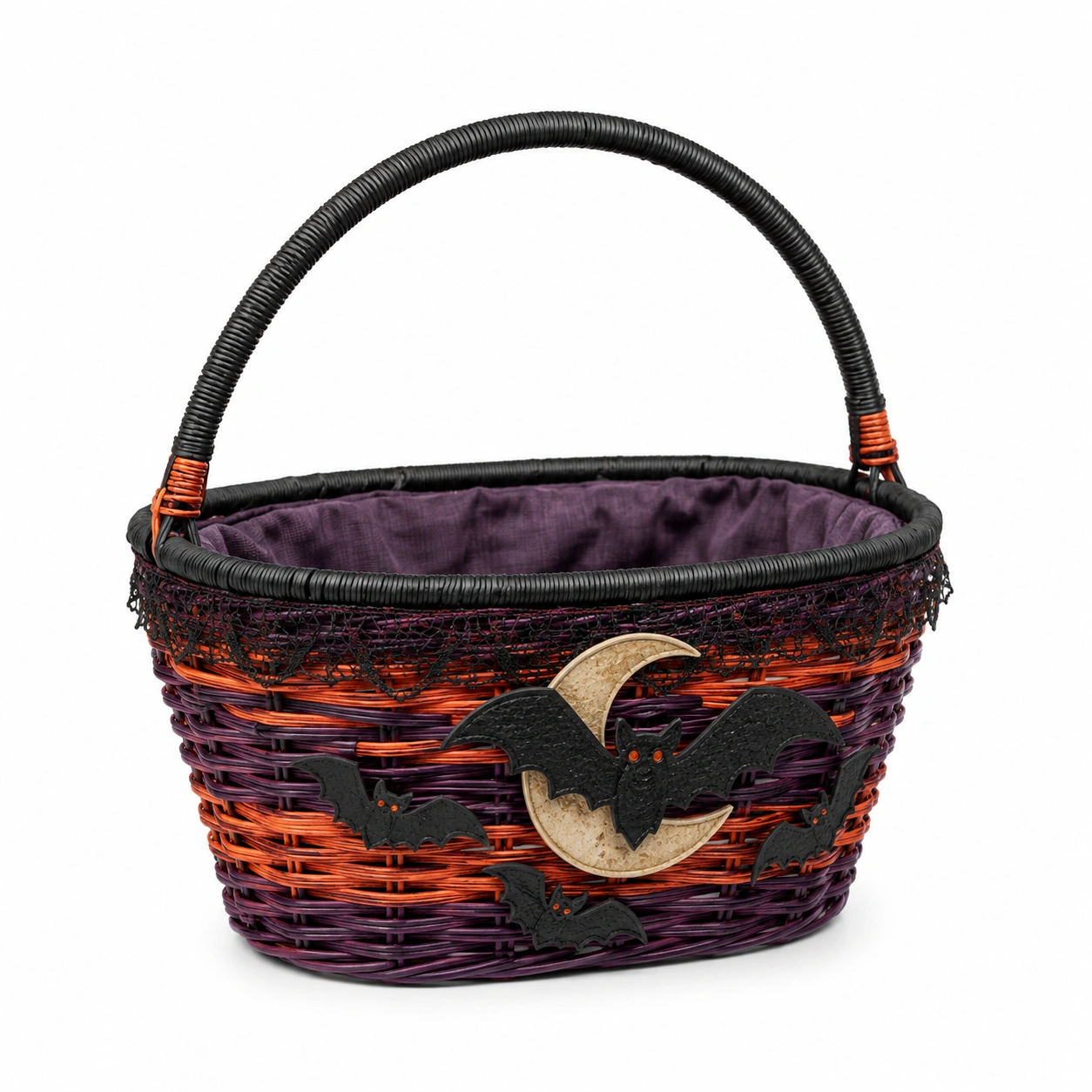 Cesta de Mimbre de Halloween con Murciélagos en Morado y Naranja-furnilumea