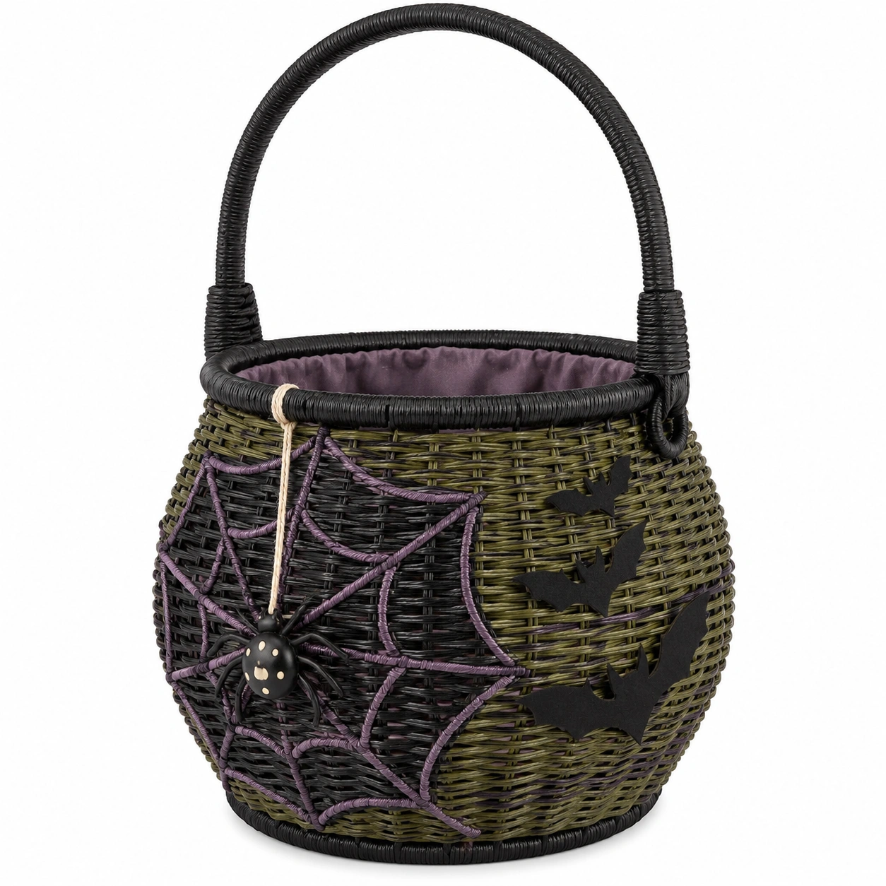 Cesta de Mimbre de Halloween con Telaraña y Murciélagos, Forro Morado-furnilumea