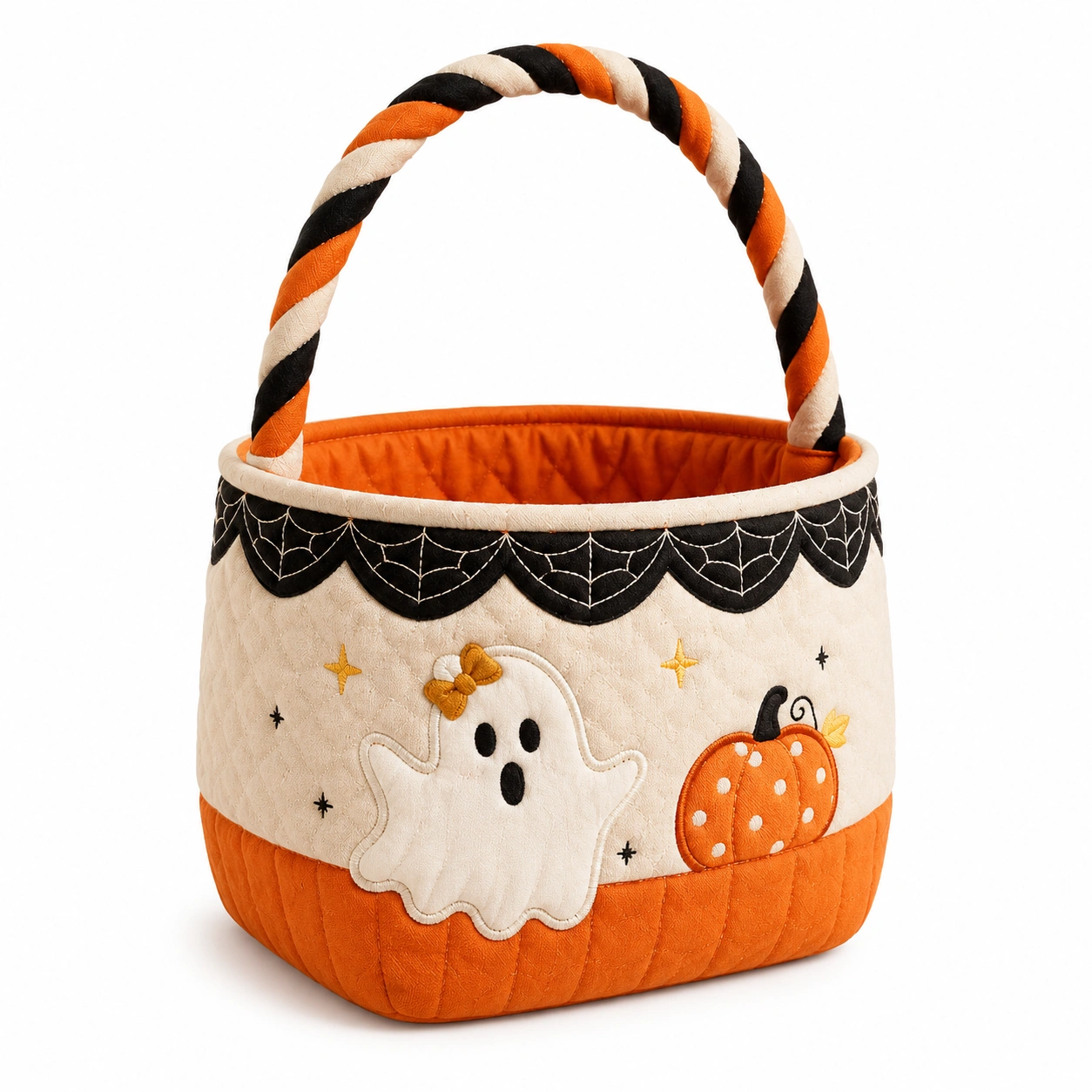 Cesta de Tela de Halloween con Fantasma y Calabaza en Naranja y Negro-furnilumea