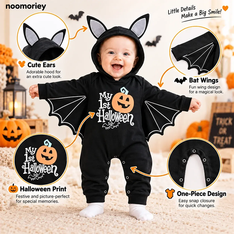🎃 60% OFF – Baby's 1st Halloween Bat Romper - Super Soft Winged Hooded Onesie 🦇