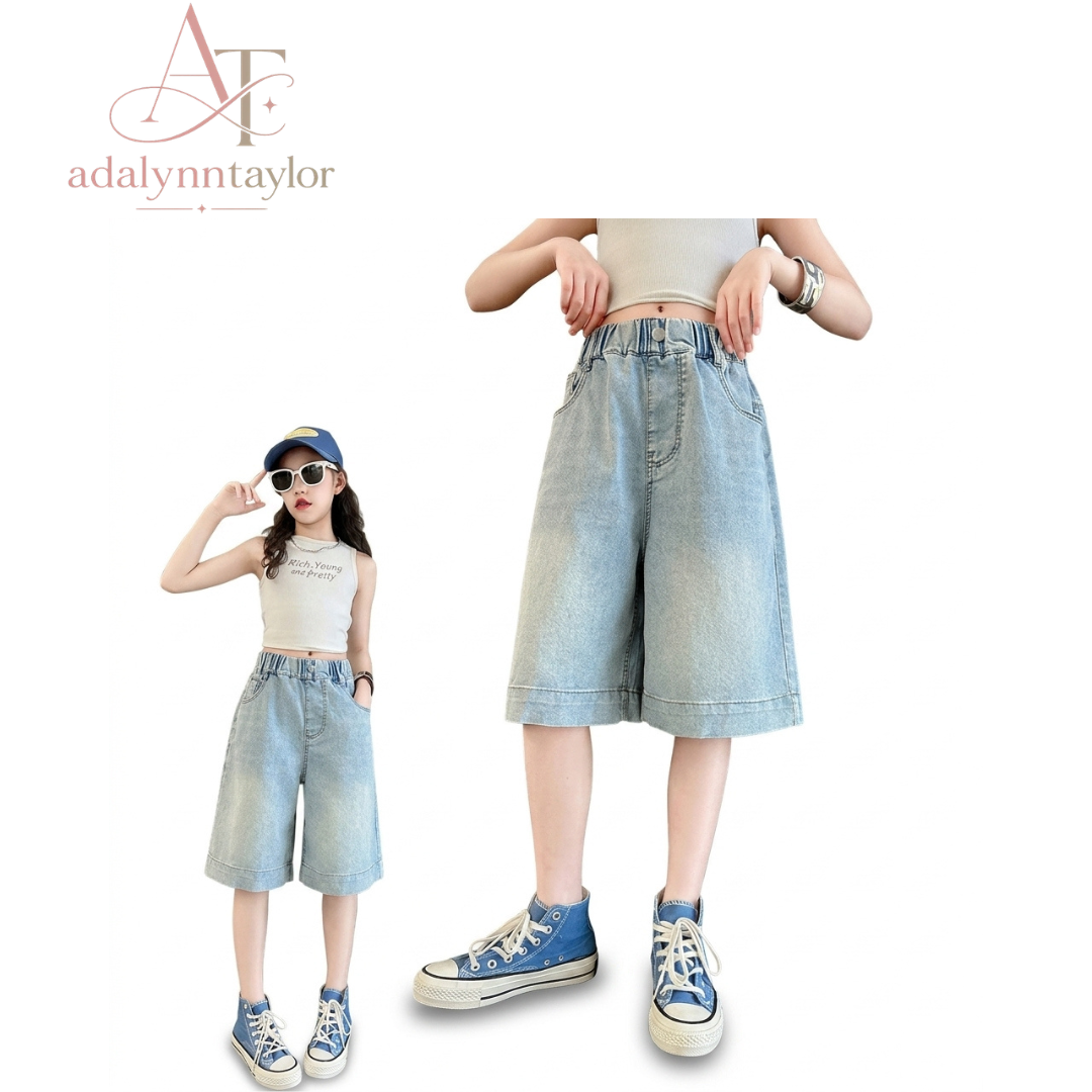 Adalynn Taylor Girls Heart Pattern Denim Shorts Knee two