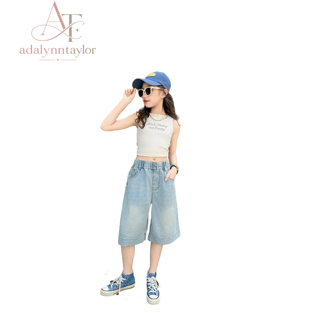 Adalynn Taylor Girls Heart Pattern Denim Shorts Knee four