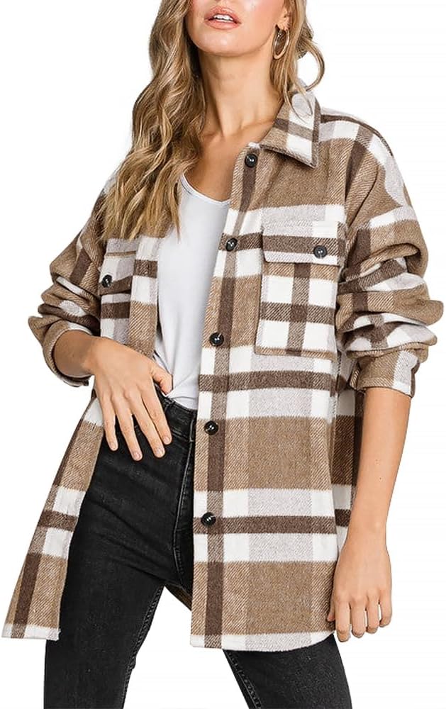 Women's Flannel Plaid Shacket Fall Winter Outfits Long Sleeve Button Down Shirts Jacket Coats with Side Pockets