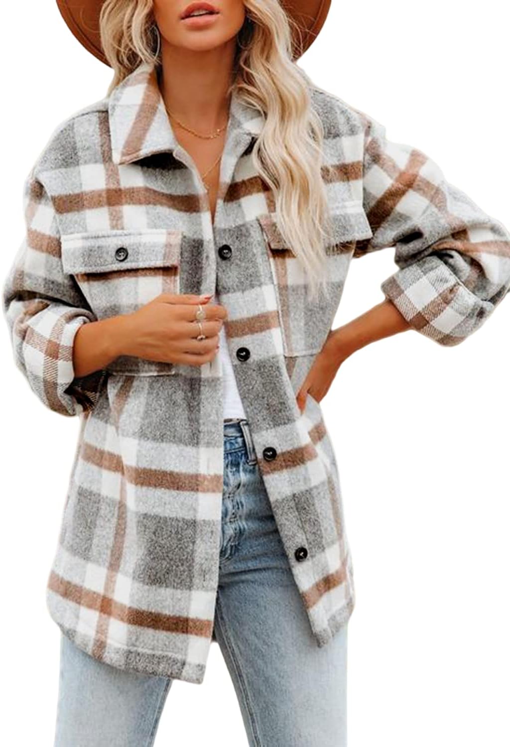 Women's Flannel Plaid Shacket Fall Winter Outfits Long Sleeve Button Down Shirts Jacket Coats with Side Pockets