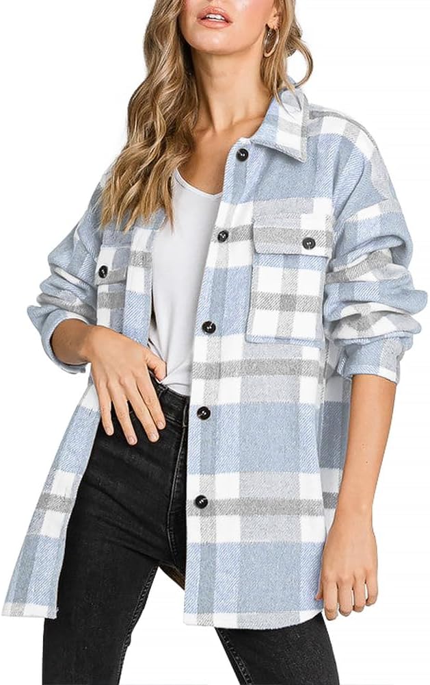Women's Flannel Plaid Shacket Fall Winter Outfits Long Sleeve Button Down Shirts Jacket Coats with Side Pockets