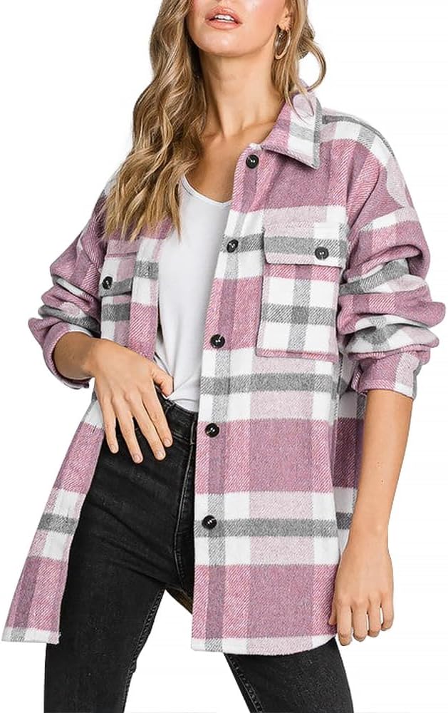 Women's Flannel Plaid Shacket Fall Winter Outfits Long Sleeve Button Down Shirts Jacket Coats with Side Pockets