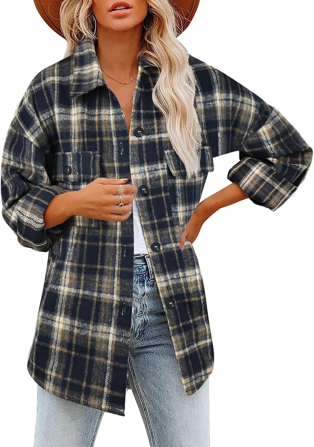 Women's Flannel Plaid Shacket Fall Winter Outfits Long Sleeve Button Down Shirts Jacket Coats with Side Pockets
