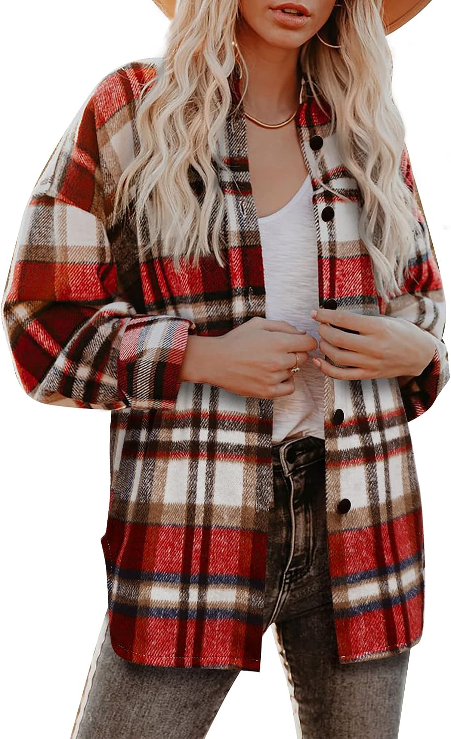 Women's Flannel Plaid Shacket Fall Winter Outfits Long Sleeve Button Down Shirts Jacket Coats with Side Pockets