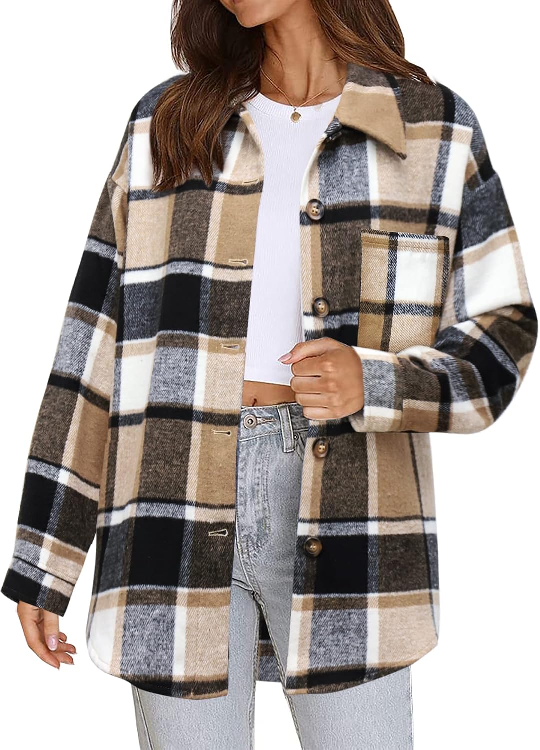 Women's Flannel Plaid Shacket Fall Winter Outfits Long Sleeve Button Down Shirts Jacket Coats with Side Pockets
